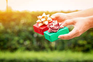 Woman hand hold a green and red gift box tied with golden and red ribbon for give in the public park, present for Christmas and new year and valentine day or Important occasions concept.