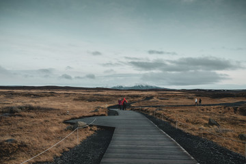 Walkways around Gullfoss falls landscape park in Iceland