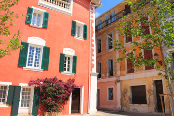 Traditional houses with colorful facades and wooden window shutters in the historic center of Martigues, the Little Venice of Provence, France 