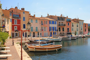 The old harbor of Martigues with traditional wooden boat. Martigues, called the Little Venice of Provence, France - obrazy, fototapety, plakaty