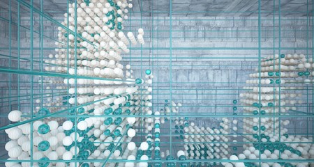 Obraz premium Abstract architectural wood and glass interior from an array of spheres with large windows. 3D illustration and rendering.