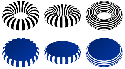 Set of optical art illusion elements in style of striped geometric black and white abstract line surface. Opt illusion style design.