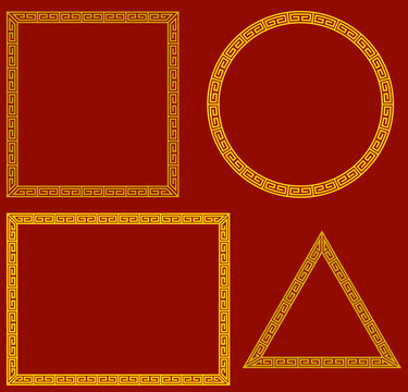Set frames of different shapes round triangular and ring shape. Chinese style design on red background. Horizontal twisted lines.