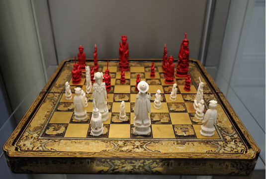 Saint Petersburg, Russia - June 14, 2016:  Chess Board Box and Chess Pieces. China. Qing Dynasty. Exhibited in Hermitage Museum
