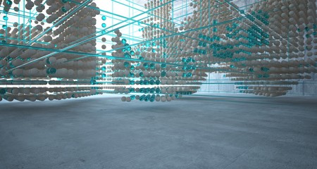 Abstract architectural wood and glass interior from an array of spheres with large windows. 3D illustration and rendering.