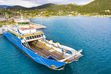 Aerial view of ferry boat moored in the pier.