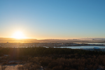 Sunset view of Reykjavik from the roof of the Perlan