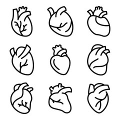 Human heart icons set. Outline set of human heart vector icons for web design isolated on white background
