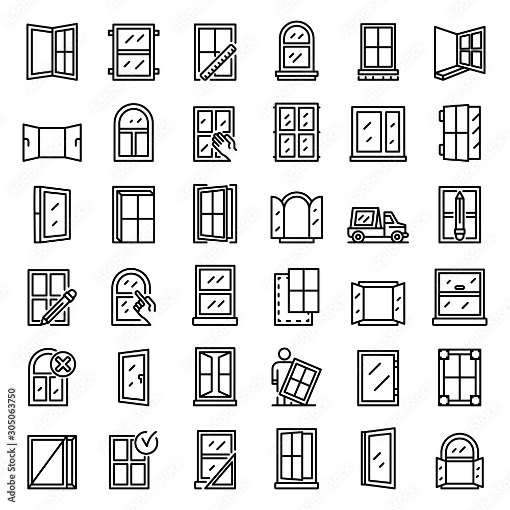 Poster window installation icons set. outline set of window installation vector icons for web design isolat