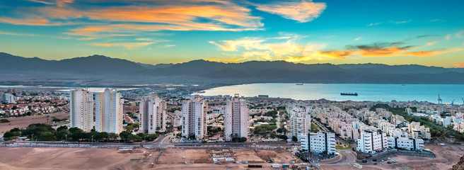 Aerial panoramic view on Eilat (Israel) and Aqaba (Jordan) cities