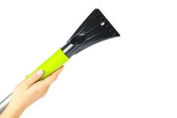 stylish scraper brush in his hands for cars on a white background