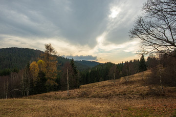 Fototapeta na wymiar Road over the village of Modrava, National Park of the Czech Bohemian forests, Czech Republic.
