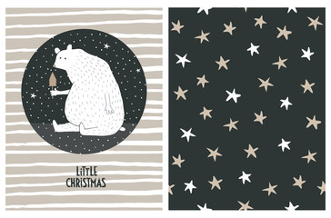 Little Christmas. Funny Christmas Vector Illustration with Cute White Polar Bear Holding a Tiny Christmas Tree. Lovely Winter Art for Card, Pattern, Fabric, Wall Art, Greeting, Invitation, Poster.