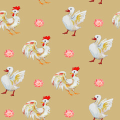 White Poultry seamless pattern:  goose and rooster. Watercolor cartoon background.