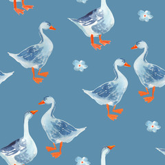 Seamless pattern: Watercolor cartoon gooses isolated on blue background.