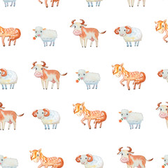 Seamless pattern with cute domestic animals - horse, cow, sheep, ram.
