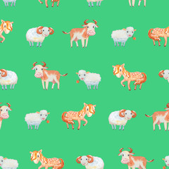 Seamless pattern with cute domestic animals - horse, cow, sheep, goat, ram. Fun green background