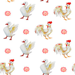 White Poultry seamless pattern:  goose and rooster. Isolated on white.