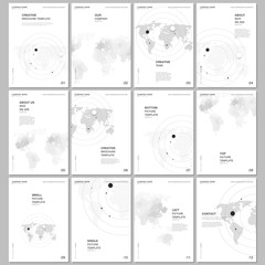 A4 brochure layout of covers design templates for flyer leaflet, A4 format brochure design, report, magazine cover, book design. World map concept backgrounds with world map infographics elements.