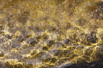 golden and yellow light reflections in the water of a fountain - background texture with irregular shapes