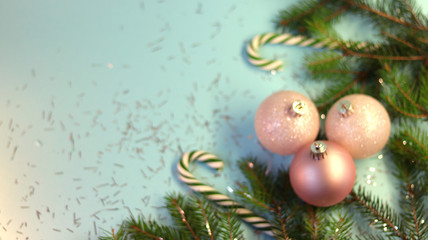  Christmas card with spruce and holiday decorations, sweets, on a blue background. Christmas template for banner, ticket, brochure, card, invitation, poster, etc.