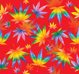 Fototapeta na wymiar Cannabis leaves the colors of the rainbow. Seamless pattern on a red background. Watercolor illustration.