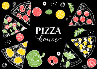 Italian pizza vector illustration. Hand drawn sketch pizza. Italian food. Package design. Pizza slices illustration.