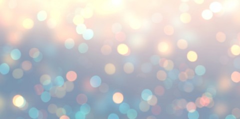 Bokeh tender iridescent banner. Romantic empty background. Light pink yellow blue abstract texture. Glitter miracle blurred illustration. Brilliance defocused template.
