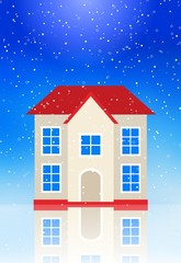 Small house with red roof on blue winter blur background. Light snow falls.