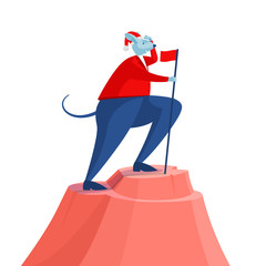 2020 New year metal rat in a Santa hat achieve business goal and put company flag on top of mountain. Cute animal in modern colors Christmas suite.