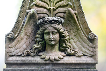 A moss covered, weathered sandstone relief of an angel head with wings on a cemetery in Potsdam-Germany.