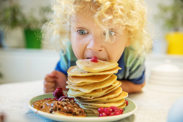 Little curly boy eating sweet pancakes - obrazy, fototapety, plakaty
