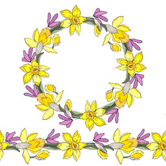 Round floral frame of daffodil and primrose. Seamless brush.