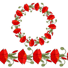 Round flower garland with poppy. Decorative floral frame for festive design. Seamless brush.