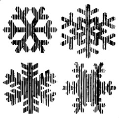 Grunge Snowflakes Stamps Collection. Can be used as Banners, Insignias or Badges. Vector Distressed Textures Set. Blank Geometric Shapes. Vector Illustration. Black isolated on white. EPS10.