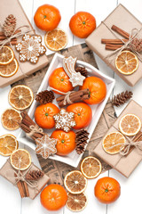 Christmas background with cookies, fruits and gift box