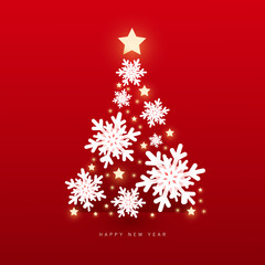 Naklejka premium Christmas and happy new year vector background with crystal snowflakes Christmas tree with shiny lights on a red background for poster, greeting card, header, website