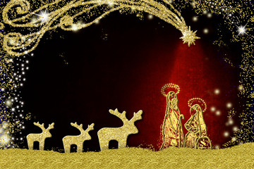 Nativity Scene and reindeer Christmas card.