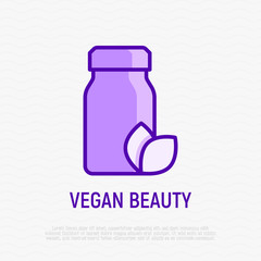 Vegan beauty thin line icon: bottle with leaf. Modern vector illustration for organic shop.