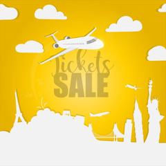 Tickets sale banner. Background for travel. Paper art style. World attractions, airplane, discounts on air tickets. Yellow background. Vector