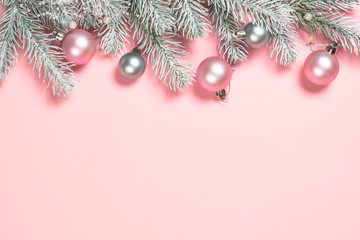 Christmas flat lay background with christmas present box on pink.