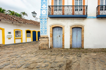 Stones street with reflection in the historical center of Paraty. World Heritage of Humanity, Rio de Janeiro, Brazil, Portuguese colonial and Brazilian imperial city where the sea invades at full tide