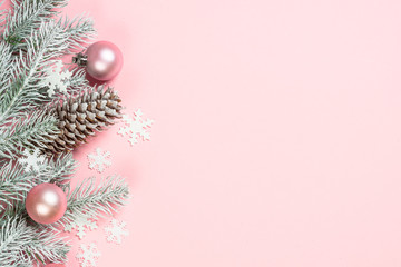 Christmas flat lay background with christmas present box on pink.