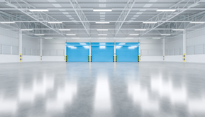 Roller door or roller shutter inside factory, warehouse or industrial building. Modern interior design with polished concrete floor and empty space for product display, industry background. 3d render.