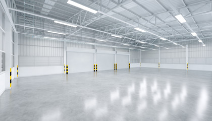 Roller door or roller shutter inside factory, warehouse or industrial building. Modern interior design with polished concrete floor and empty space for product display, industry background. 3d render. - obrazy, fototapety, plakaty