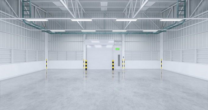 Roller door or roller shutter inside factory, warehouse or industrial building. Modern interior design with polished concrete floor and empty space for product display, industry background. 3d render.