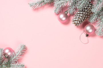 Christmas flat lay background with christmas present box on pink.