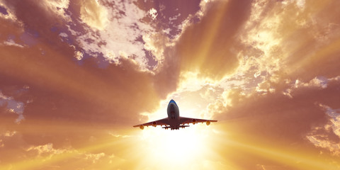 Naklejka premium airplane in sunset sky, 3d rendering