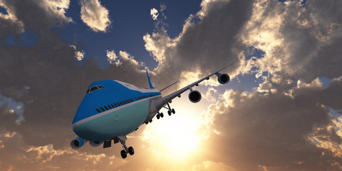 Fototapeta na wymiar airplane in sunset sky, 3d rendering