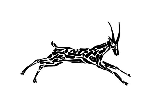 Antelope animal decorative vector illustration painted by ink, hand drawn grunge cave painting, black isolated running silhouette on white background